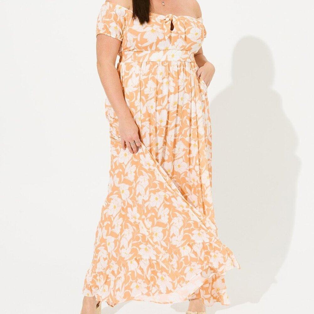 NWT Torrid Maxi Gauze Off Shoulder Tie Front Dress Size M/L Charlotte Floral - Picture 1 of 10